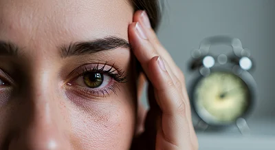 Крупный план усталых глаз и будильника